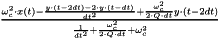 $ \frac{\omega ^2 _c \cdot x(t) - \frac {y \cdot (t-2dt) - 2 \cdot y \cdot (t-dt)}{dt^2} + \frac{\omega ^2 _c}{2 \cdot Q \cdot dt} y \cdot (t-2dt) }{ \frac{1}{dt^2} + \frac{\omega ^2 _c}{2 \cdot Q \cdot dt} + \omega ^2 _c }$